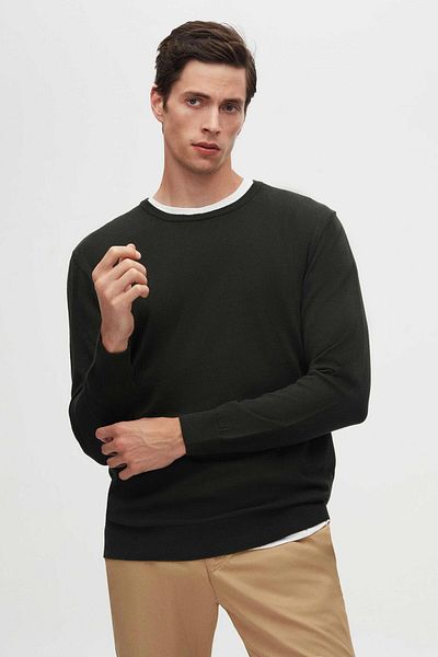 D'S Damat Ds Damat Regular Fit Haki Pulover din tricot cu gâtul rotunjit anti-pilling