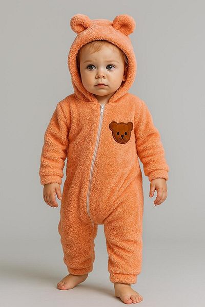 nevrankids Unisex Baby Plush Jumpsuit Cross Zipper Teddy Bear Figured Hooded Eared Jumpsuit - Salmon