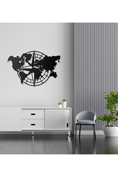 Geometrik Pusula Tasarımlı Dünya Haritası Temalı Dekoratif Modern Metal Duvar Tablosu