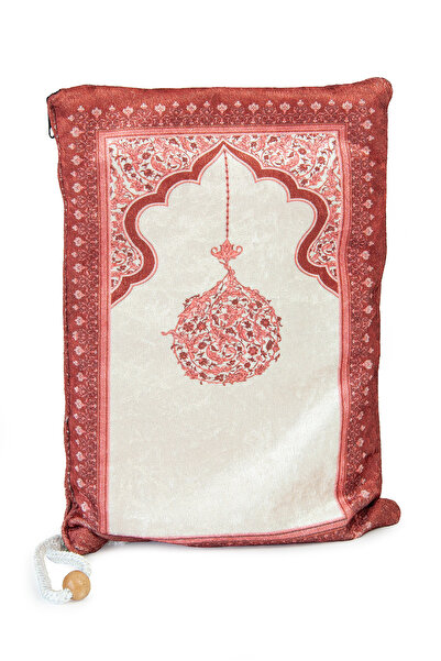 ihvan online Portable Pouch Mihrap Patterned Silk Textured Velvet Prayer Rug Red