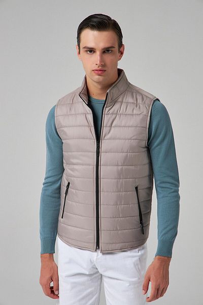 D'S Damat Gray Regular Fit Stand Collar Fiber Filled Zippered Seasonal Vest Coat