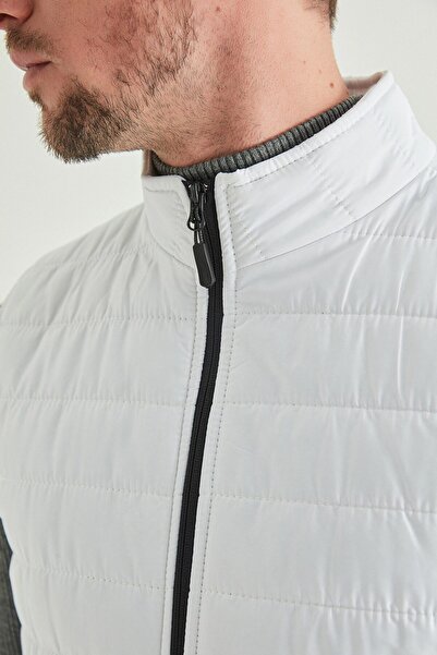 D'S Damat Λευκό παλτό γιλέκο κανονικής εφαρμογής - Γιακάς σταντ, με ίνες, εποχιακό με φερμουάρ