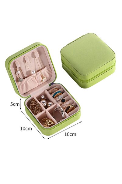 Chavin Green Leather Travel Ring Earring Necklace Jewelry Case St1-64Ys