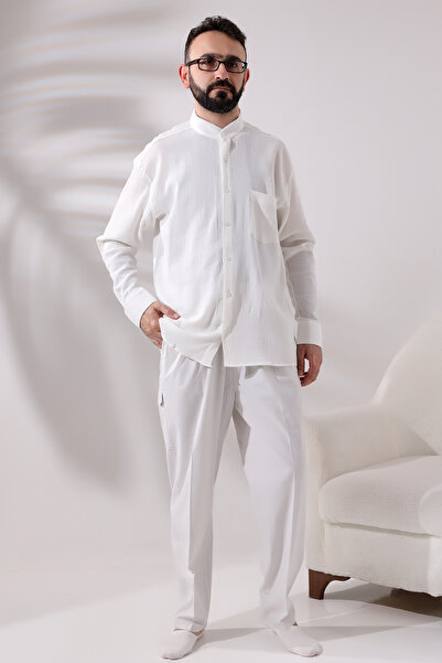 ihvan online Krem Erkek Rahat Kesim Hakim Yaka Şile Bezi Hac ve Umre Gömlek
