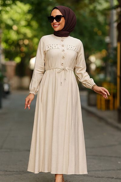 Neva Style Beige Hijab Dress - Buttoned 17131Bej