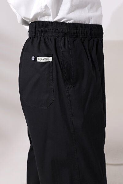 ihvan online Erkek Siyah Rahat Kesim Beli Lastikli Keten Hac ve Umre Şalvar Pantolon