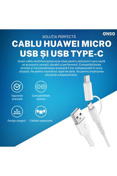 Huawei Micro Usb And Usb-c Cable, 1.5m, Fast Charging, Anti-tangle, White