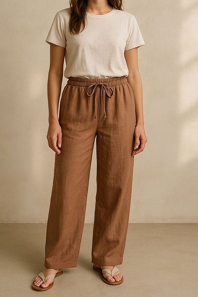 LEGS STAR Women's Brown Sofia Linen Double Pocket Wide Leg Trousers