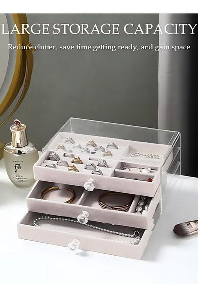 fun zone Jewelry Organizer Box with 3 Drawers, Earring Jewelry Organizer Clear Jewelry Box for Women