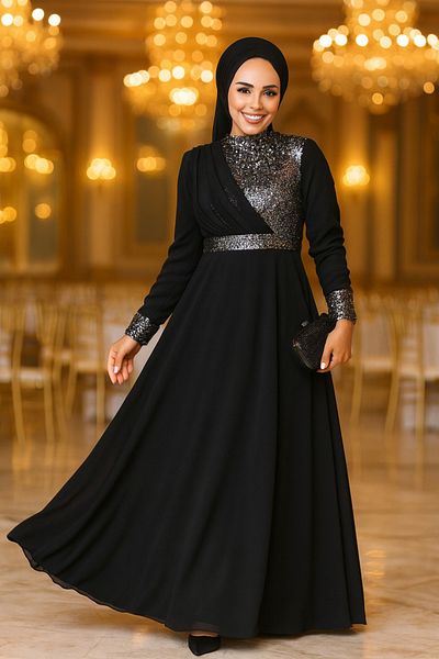 Neva Style Βραδινό φόρεμα Hijab Ασημένιο Κεντημένο με παγιέτες 5793 γρ