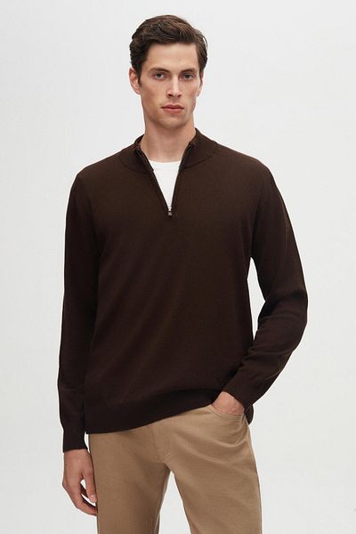 D'S Damat Ds Damat Slim Fit Brown Half Zipper Knitwear Sweater