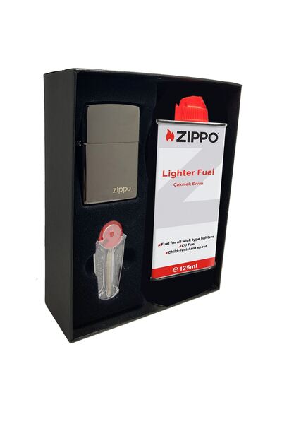 Zippo Çakmak Parlak Siyah Hediyelik Kutu Benzin Taş Set du10-2475