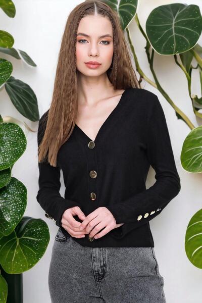 NEW LAVİVA Kadın Siyah Düğmeli, Yumuşak Dokulu, Düz Kesim Hırka (GOLD DÜĞME D...