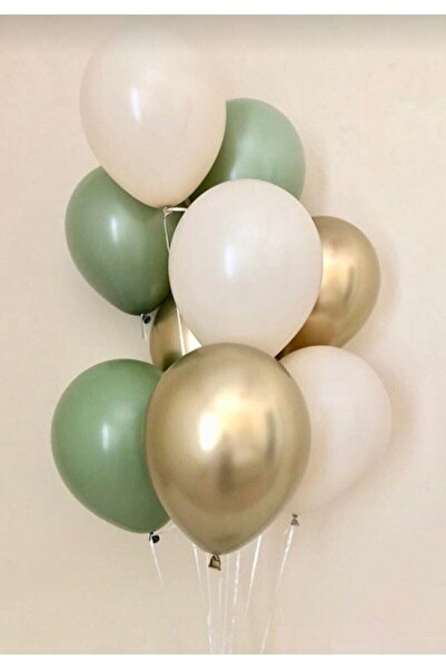 BalonEvi 9 Adet Krom Gold Küf Yeşili Ve Pastel Beyaz Renk Balon