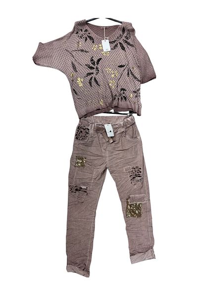 AGORATEKSTİL Women's Italian Gilded Mercerized and Full Lycra Sequin Leopard Detailed Trousers