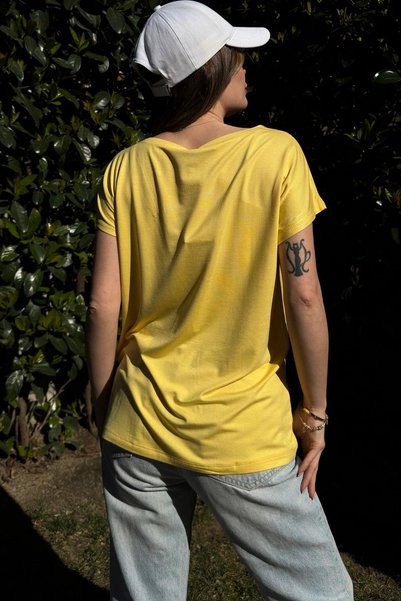 NEW LAVİVA Women's Yellow, White & Gray Short Sleeve, Color Block Design, Loose Blouse