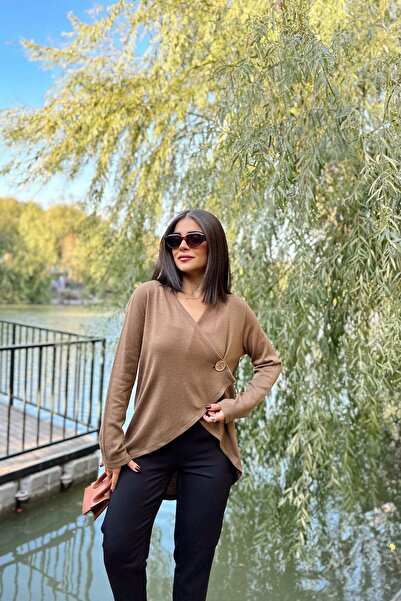 NEW LAVİVA Women's Mink Asymmetric Cut, Buttoned, Loose Cardigan Blouse