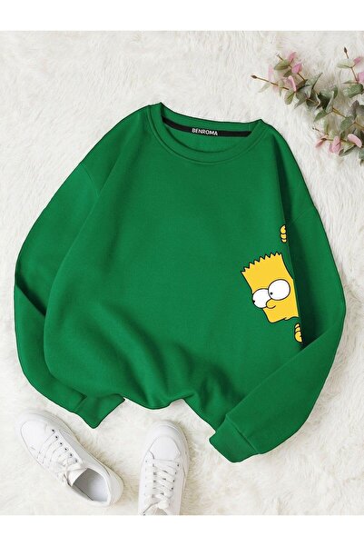 BENROMA Hanorac pentru copii unisex cu 3 fire din bumbac pieptănat, cu imprimeu Simpson, cu gât rotund