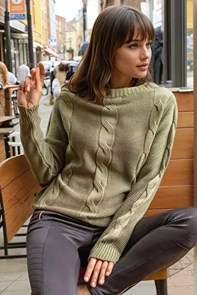 NEW LAVİVA Khaki Modern Cut Knit Patterned Soft Textured Knitwear Sweater