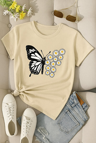 BENROMA Papatyalı Kelebek Baskılı Unisex Tişört
