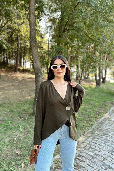 NEW LAVİVA Women's Khaki Asymmetric Cut Buttoned Loose Cardigan Blouse