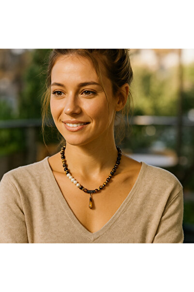 Asteria Elite Kaplan Gözü Ve Gerçek Inci Odaklanma, Cesaret Ve Özgüven Kolyesi