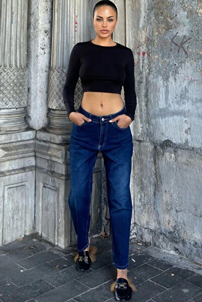 NEW LAVİVA Blugi Mom Jean cu talie înaltă albastru închis