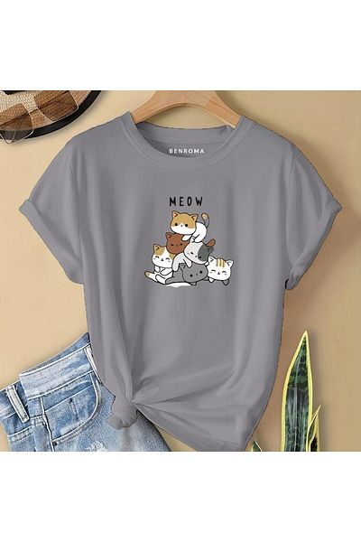 BENROMA In Cart 6 and Above Purchases Get 1 T-Shirt Gift - Meow Printed Children's T-Shirt