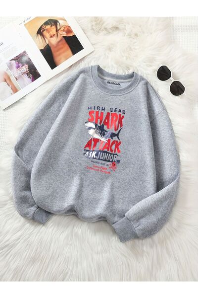 BENROMA Unisex Παιδικό φούτερ - Shark Character Printed, Crew Neck