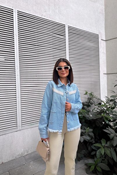 NEW LAVİVA Manecă lungă, albastru gheață pentru femei, blugi de calitate, detaliu dungi, fustă ciucuri, cămașă de blugi cu buzunare și jachetă de blugi