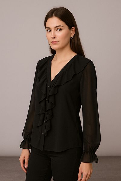 Noi Belis Black Transparent Ruffle Detailed Woven Shirt Ss25Go0010
