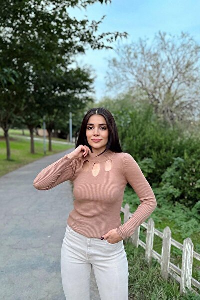 NEW LAVİVA Γυναικείο ψηλό γιακά βιζόν, μακρυμάνικο, εφαρμογή που εφαρμόζει στο σώμα, ελαστικό ύφασμα, λεπτομέρεια χαμηλής κοπής, πλεκτή μπλούζα