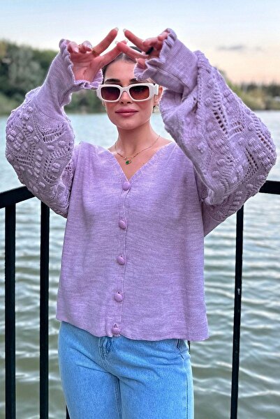 NEW LAVİVA Kadın Lila Yumuşak Dokulu, V Yaka Uzun Kol, Ponpon Detaylı, Triko Hırka