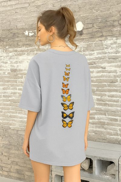 BENROMA 1 Product Is a Gift for Purchases of 6 or More Butterfly Printed Oversize Unisex T-Shirt