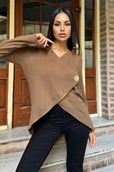 NEW LAVİVA Coffee Asymmetrical Cut, Button, Loose Cardigan Blouse