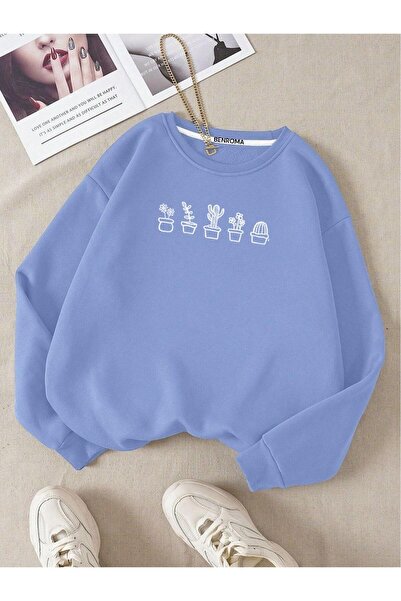 DM DOLCE MORE Hanorac oversize unisex cu decolteu rotund, cu 3 fire, din bumbac pieptănat, cu imprimeu cactus