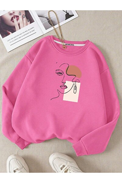 DM DOLCE MORE Γυναικείο φούτερ με 3 νήματα, χτενισμένο βαμβακερό, με στάμπα προσώπου, με λαιμόκοψη, unisex, oversize