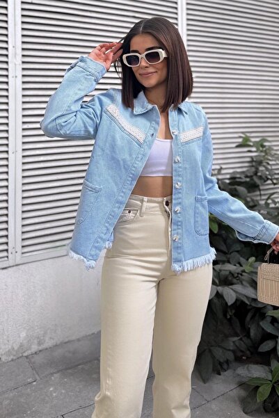 NEW LAVİVA Manecă lungă, albastru gheață pentru femei, blugi de calitate, detaliu dungi, fustă ciucuri, cămașă de blugi cu buzunare și jachetă de blugi