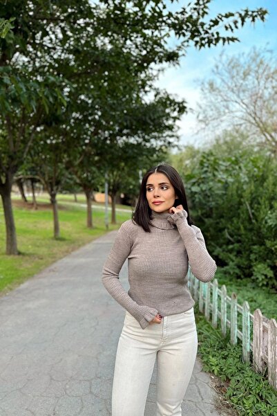 NEW LAVİVA Γυναικείο μπεζ βολάν λαιμόκοψη, μακρυμάνικο, εφαρμογή που εφαρμόζει στο σώμα, ελαστικό ύφασμα, μονόχρωμο σχέδιο, πλεκτή μπλούζα