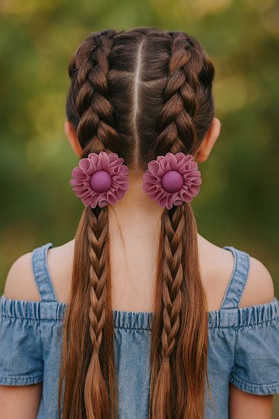 ESİLA KİDS Girl's Buckle Organza Tulle Pompom Detailed Elastic Hair Buckle Set of 2