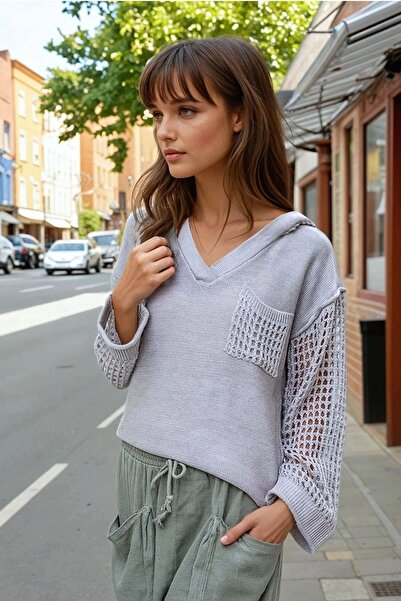 NEW LAVİVA Beige Hood, V-Neck, Single Pocket, Openwork Sleeve Detail, Loose Knitwear Sweater