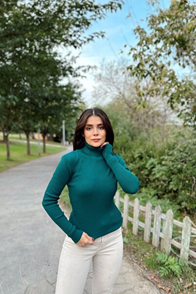 NEW LAVİVA Γυναικείο γιακά με πράσινο λαιμό, μακρυμάνικο, εφαρμογή που εφαρμόζει στο σώμα, ελαστικό ύφασμα, μονόχρωμο σχέδιο, πλεκτή μπλούζα