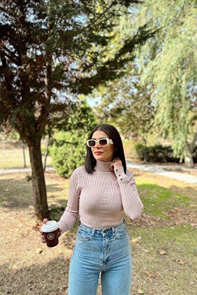 NEW LAVİVA Dusty Rose για γυναίκες, μακρυμάνικο, ελαστικό ύφασμα που εφαρμόζει στο σώμα, μανσέτα με κουμπιά, πλεκτό σχέδιο, πλεκτή μπλούζα