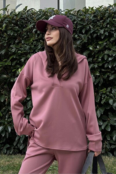 NEW LAVİVA بلوزة نسائية من قماش سكوبا داستي روز، فضفاضة، بغطاء للرأس