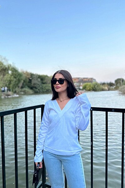 NEW LAVİVA Women's White Double Breasted Collar, Soft Texture, Long Sleeve, Knitwear Blouse