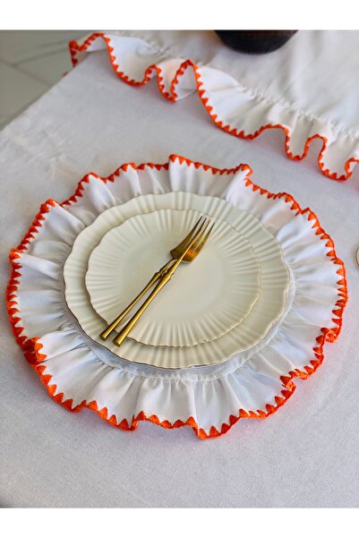 HOME OF BLOSSOM 6-Piece White Linen Orange Edge Detail Ruffled Service