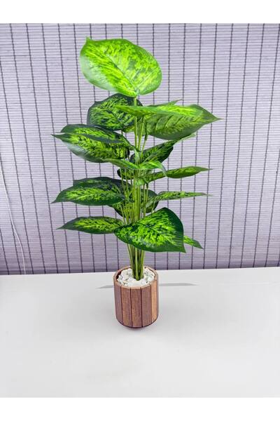 Bahçem Yapay Çiçek Difenbahya 18 Yapraklı 65 Cm Salon Çiçeği Ahşap Saksılı Ya...