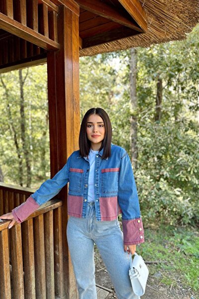 NEW LAVİVA Detaliu de culoare dublă în contrast, albastru și roșu pentru femei, cu manșetă cu nasturi în față, jachetă de blugi