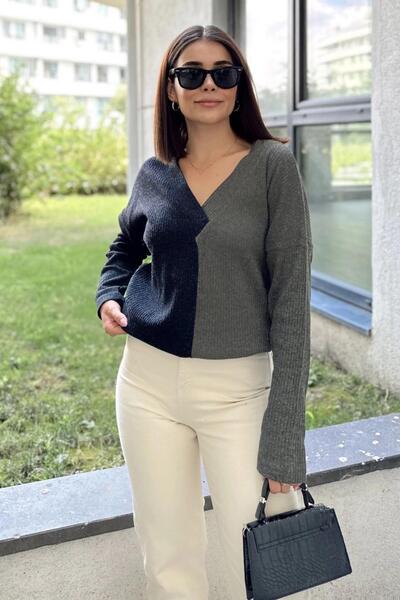 NEW LAVİVA Women's Anthracite & Khaki Casual Style V-Neck Color Block, Long Sleeve Pullover Blouse, Cotton Sweatshirt