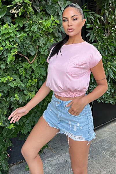 NEW LAVİVA Ροζ γυναικεία Crop μπλούζα - μισό μανίκι, φαρδύς γιακάς, μονή τσέπ...